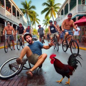 Man falling off a bicycle onto his wrist on Duval Street in Key West, with roosters crossing the road and his friends riding bikes behind him.